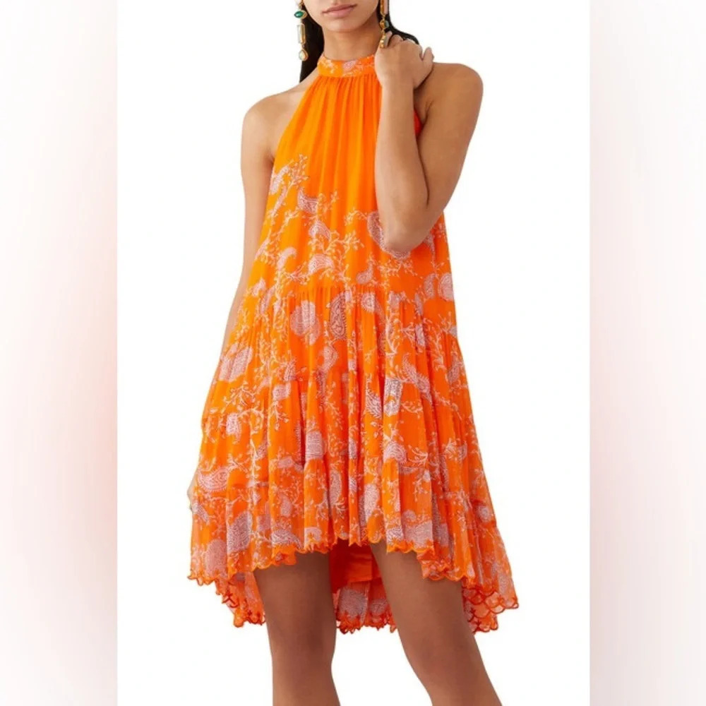 NWT Hemnant & Nandita Paisley Bela Halter Neck High Low Mini Dress Orange Candy - Picture 5 of 13